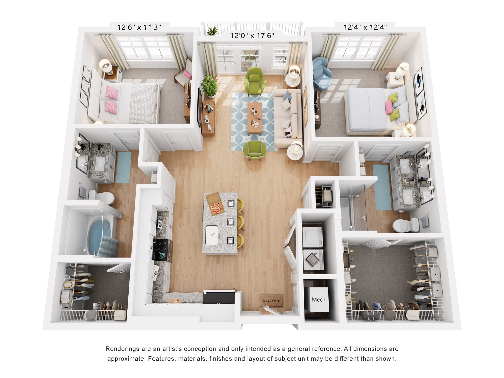 Floor plan for 2 beds, 2 baths, 1108 sqft